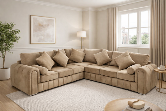 Lilly Corner Sofa 5 Seater – Modern L-Shaped Family Sofa in Beige & Silver