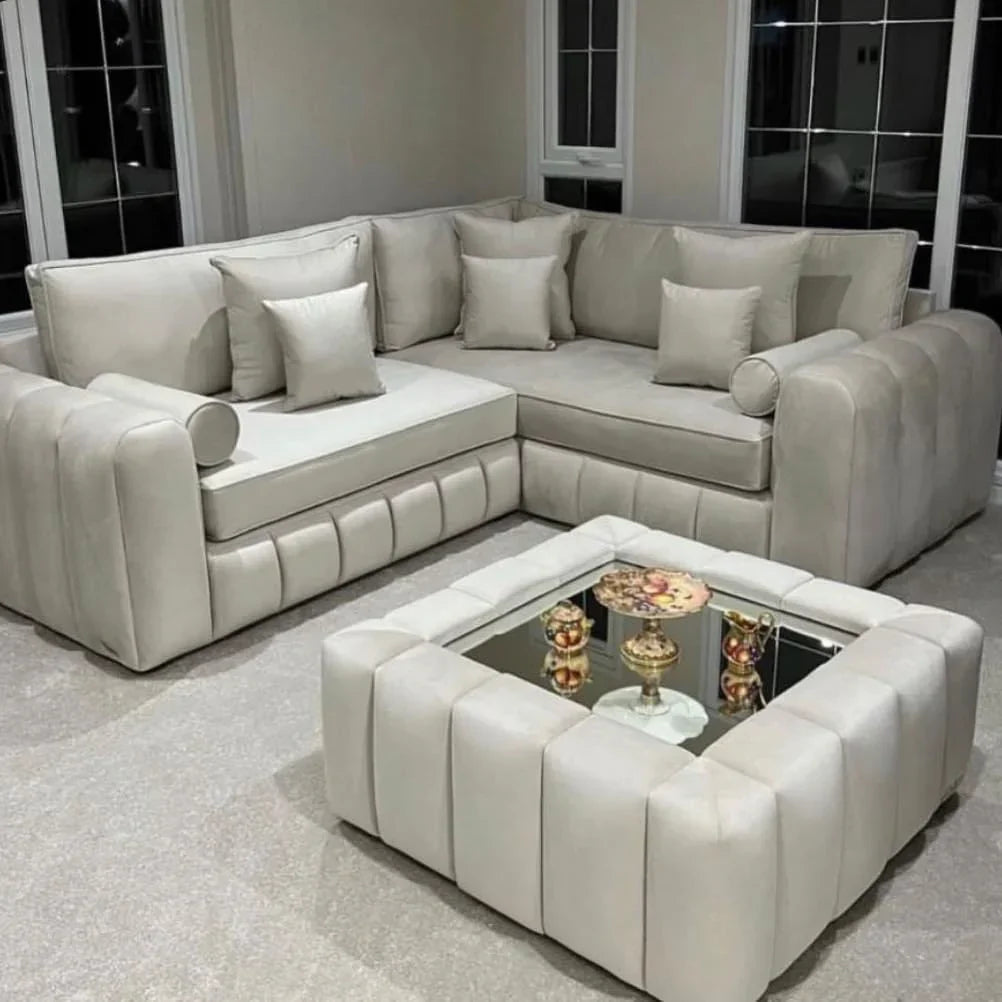 Lilly Cream Plush Velvet 5 Seater L-Shape Corner Sofa – Luxury Modern Family Living Room Sofa UK