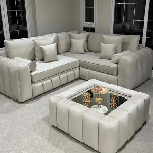 Lilly Cream Plush Velvet 5 Seater L-Shape Corner Sofa – Luxury Modern Family Living Room Sofa UK