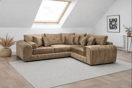 Luxury 5 Seater L-Shaped Corner Sofa – Beige Velvet