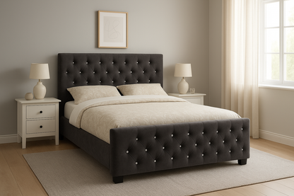 Luxury Velvet Bed Frame UK – Plush Upholstered Bed with Diamond Button Detailing