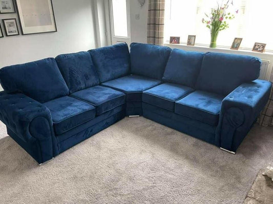 Vegas Chesterfield Blue Plush Velvet 5 Seater Corner Sofa – Luxury Modern Family Corner Sofa UK