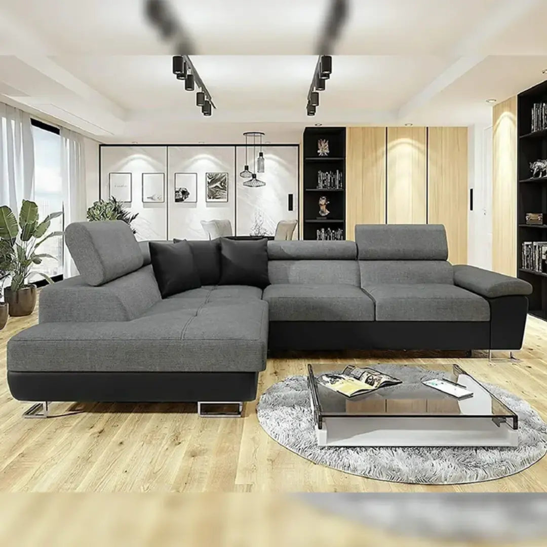 ANTON Black & Grey Fabric Corner Sofa Bed (LEFT HAND SIDE) | Double Bed | large sofas settee for living Rooms | (LEFT HAND SIDE)