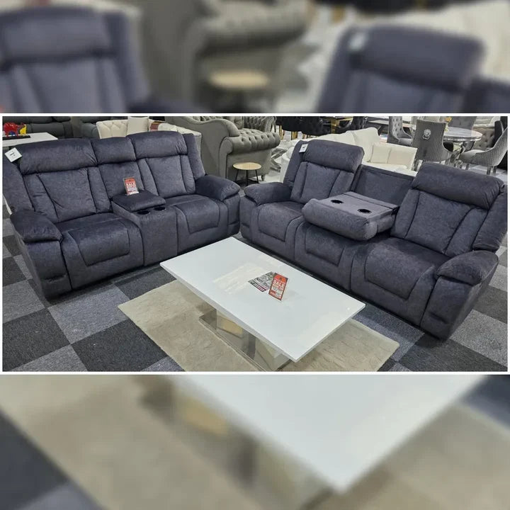 Beunis Aire 3 + 2 Plush Velvet Charcoal Dark Grey Manual Recliner Sofa Set.