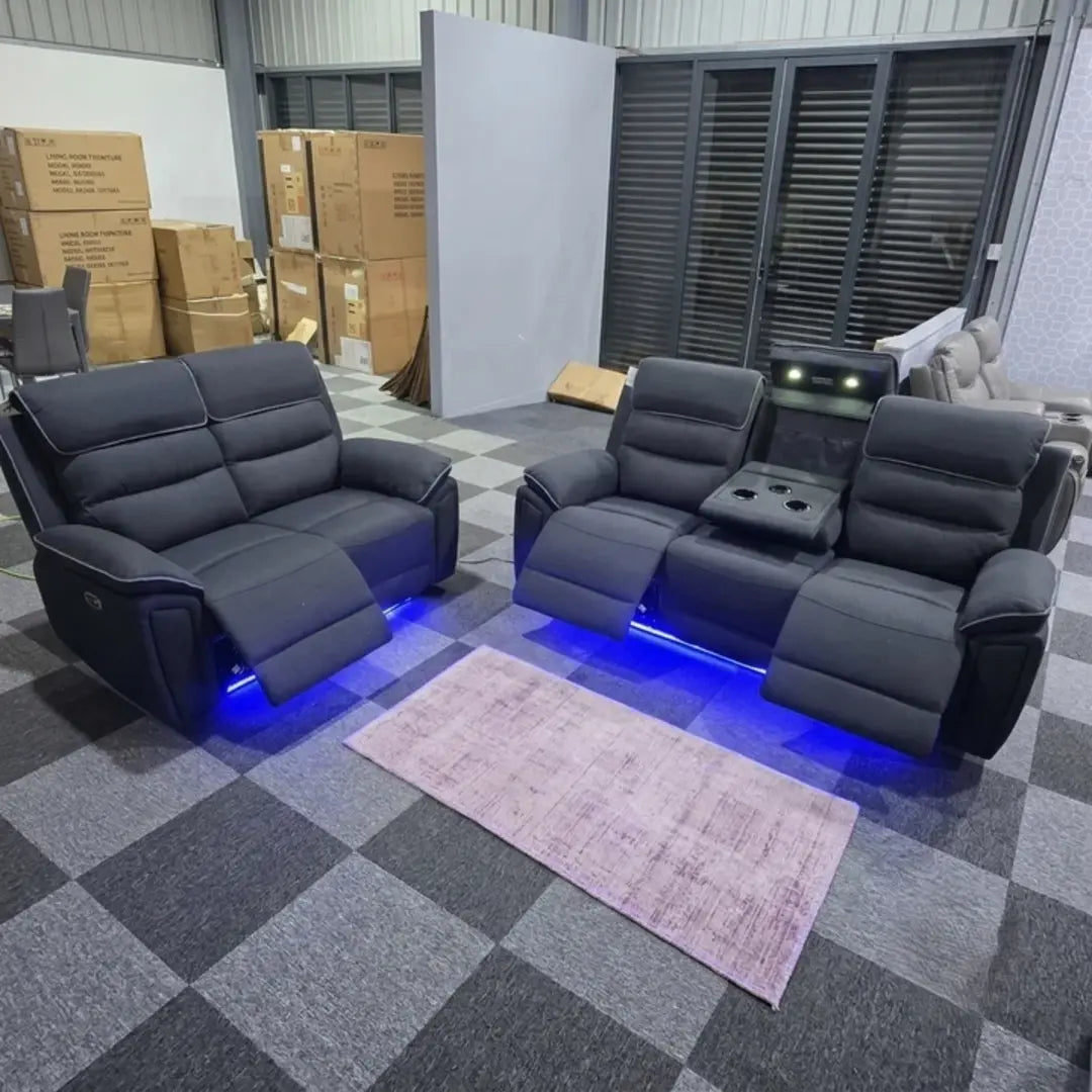 Venice Electric Recliner Sofa Set, Fabric, 3 and 2 Seater, Platinum, with USB, Type C, LED, and Reading Lights
