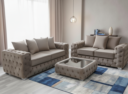 Ashton Chesterfield 3+2 Seater Sofa Set – Luxury Velvet Sofa Suite in Cream, Navy, Silver & Mink