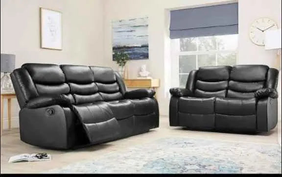 Leather Recliner Sofa with Cupholders - 3+2 Seater Sofa - Black (3+2 Seater)