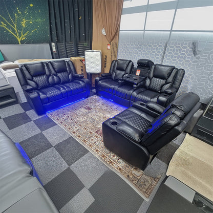 Orlando Electric Recliners 3+2 Seater Leather Sofa (Black, Grey) /LED LIGHTS/WIRELESS CHARGER