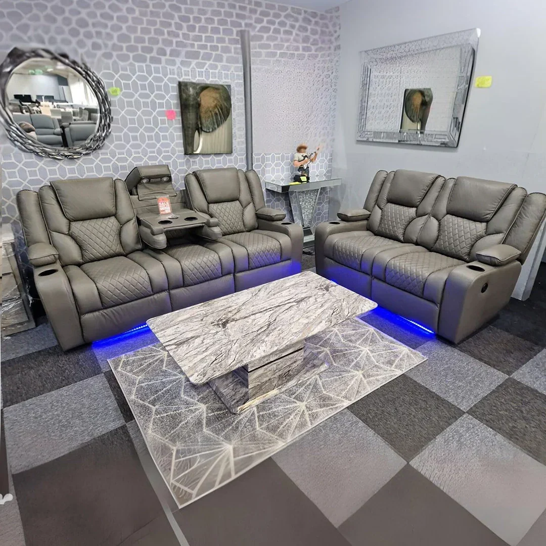 Orlando Electric Recliners 3+2 Seater Leather Sofa (Black, Grey) /LED LIGHTS/WIRELESS CHARGER