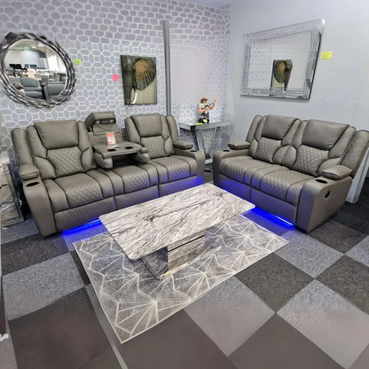 Orlando Electric Recliners 3+2 Seater Leather Sofa (Black, Grey) /LED LIGHTS/WIRELESS CHARGER