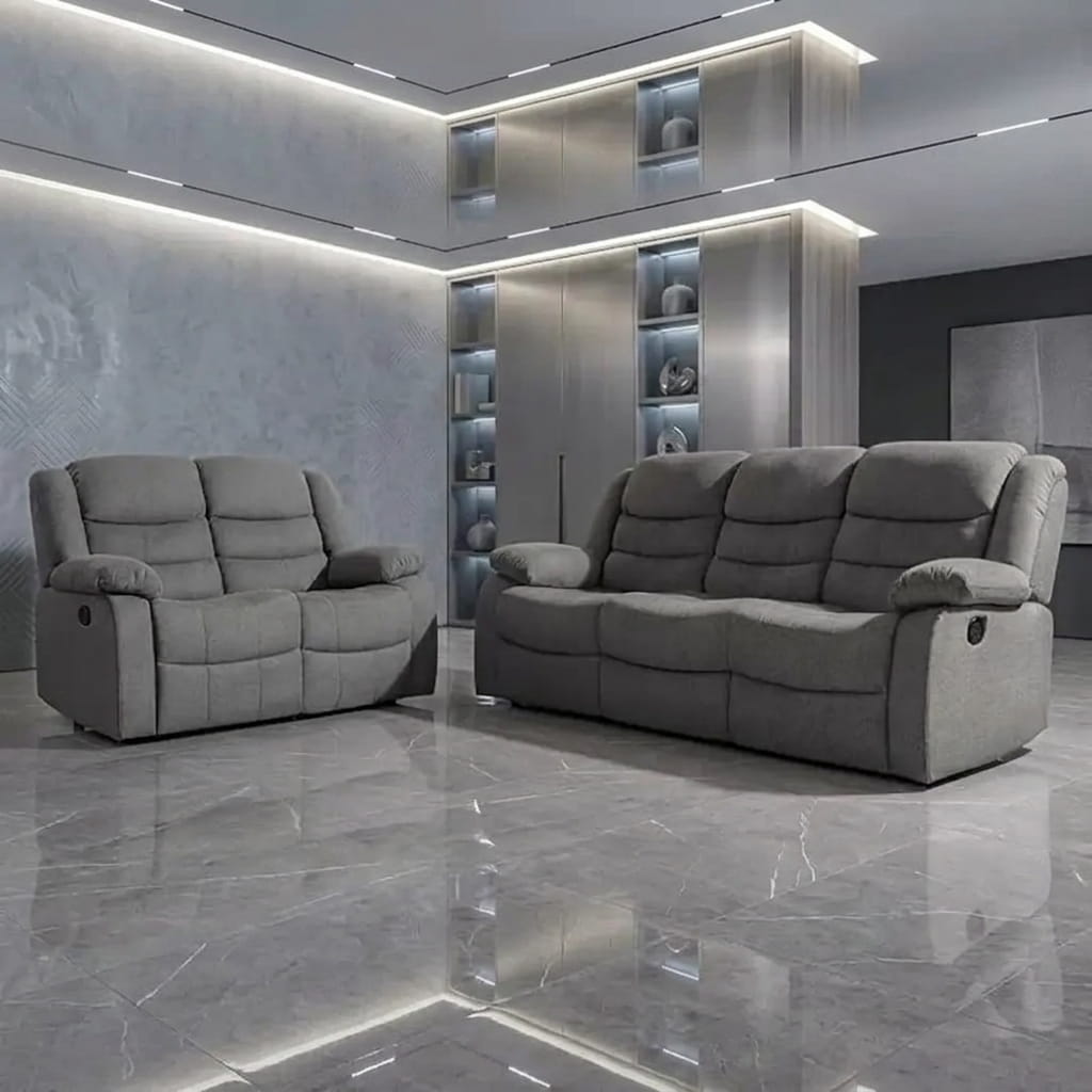 Roma Fabric Reclining Sofa, Grey Fabric, 3+2 Seater with Cup Holders