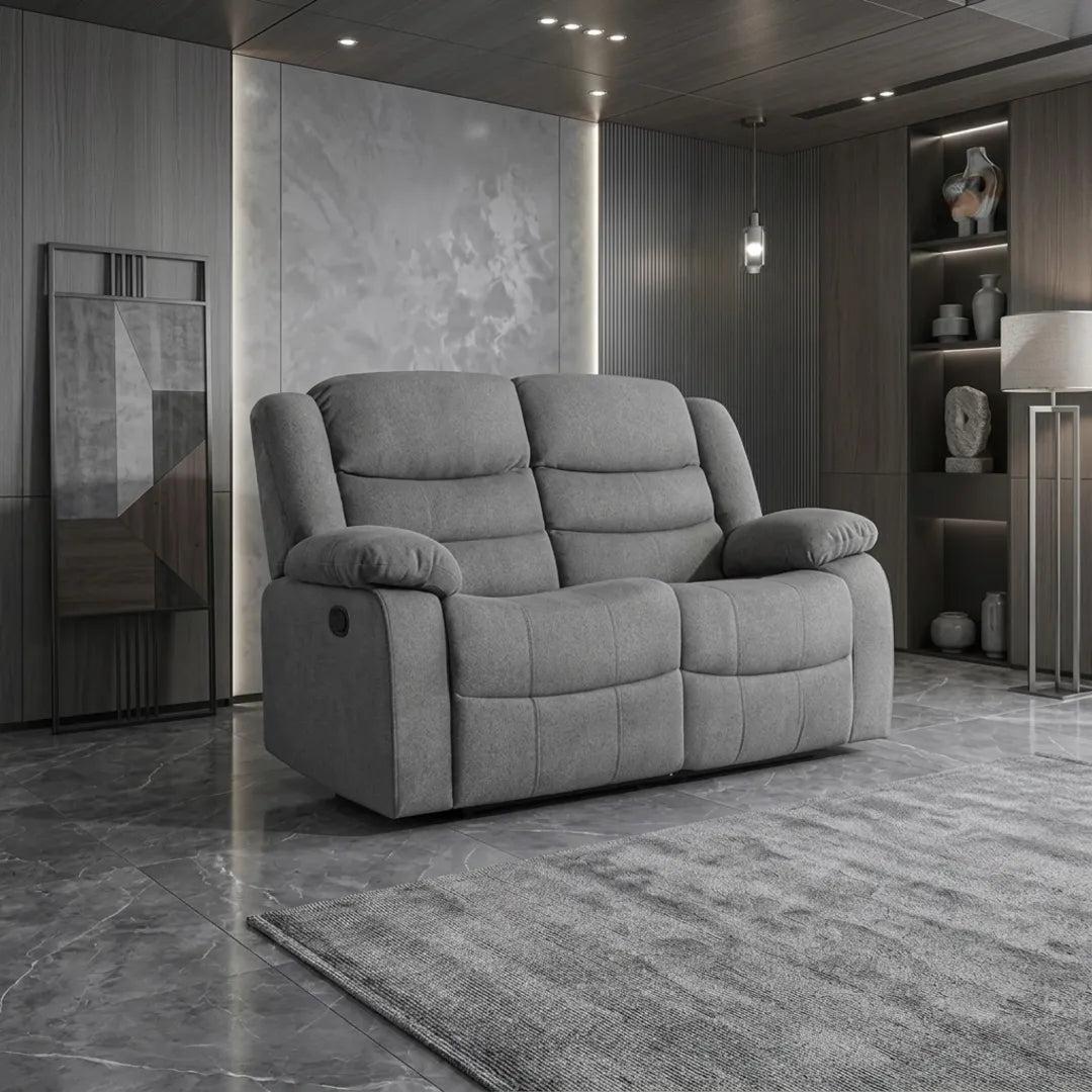 Roma Fabric Reclining Sofa, Grey Fabric, 3+2 Seater with Cup Holders