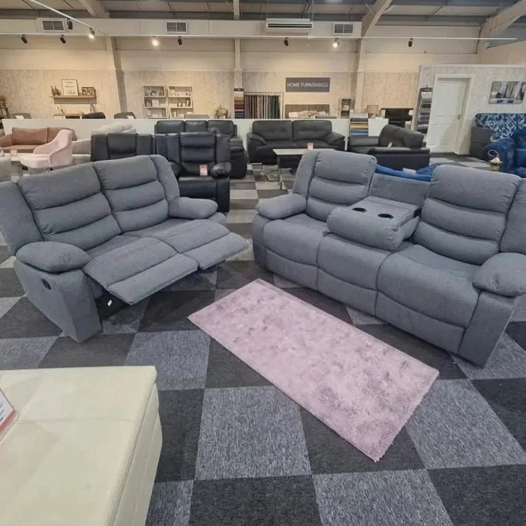 Roma Fabric Reclining Sofa, Grey Fabric, 3+2 Seater with Cup Holders