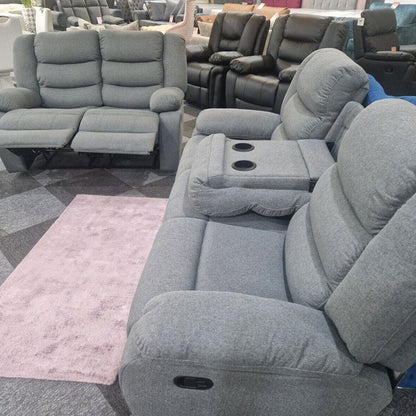 Roma Fabric Reclining Sofa, Grey Fabric, 3+2 Seater with Cup Holders