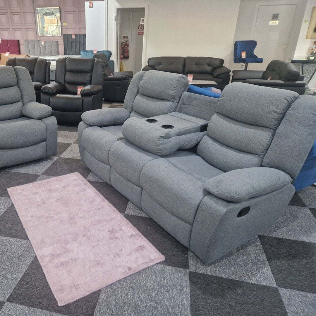Roma Fabric Reclining Sofa, Grey Fabric, 3+2 Seater with Cup Holders