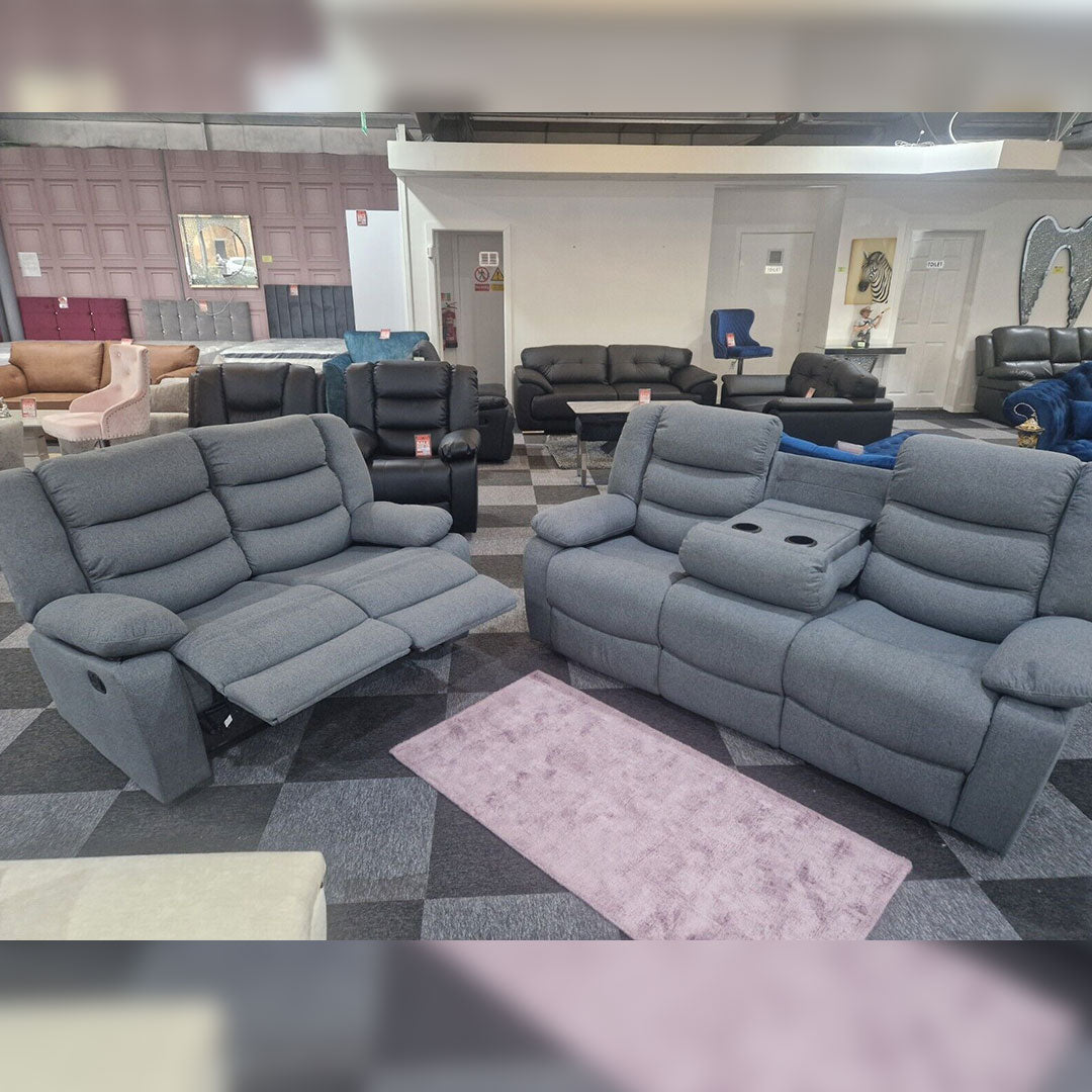 Roma Fabric Reclining Sofa, Grey Fabric, 3+2 Seater with Cup Holders