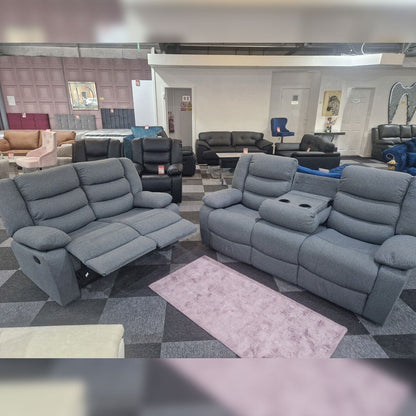 Roma Fabric Reclining Sofa, Grey Fabric, 3+2 Seater with Cup Holders