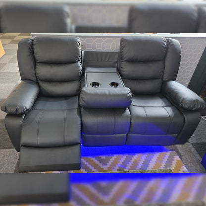Ltd Roma leather electric recliner 3+2 seater sofa with cupholders in black and grey upholstery.