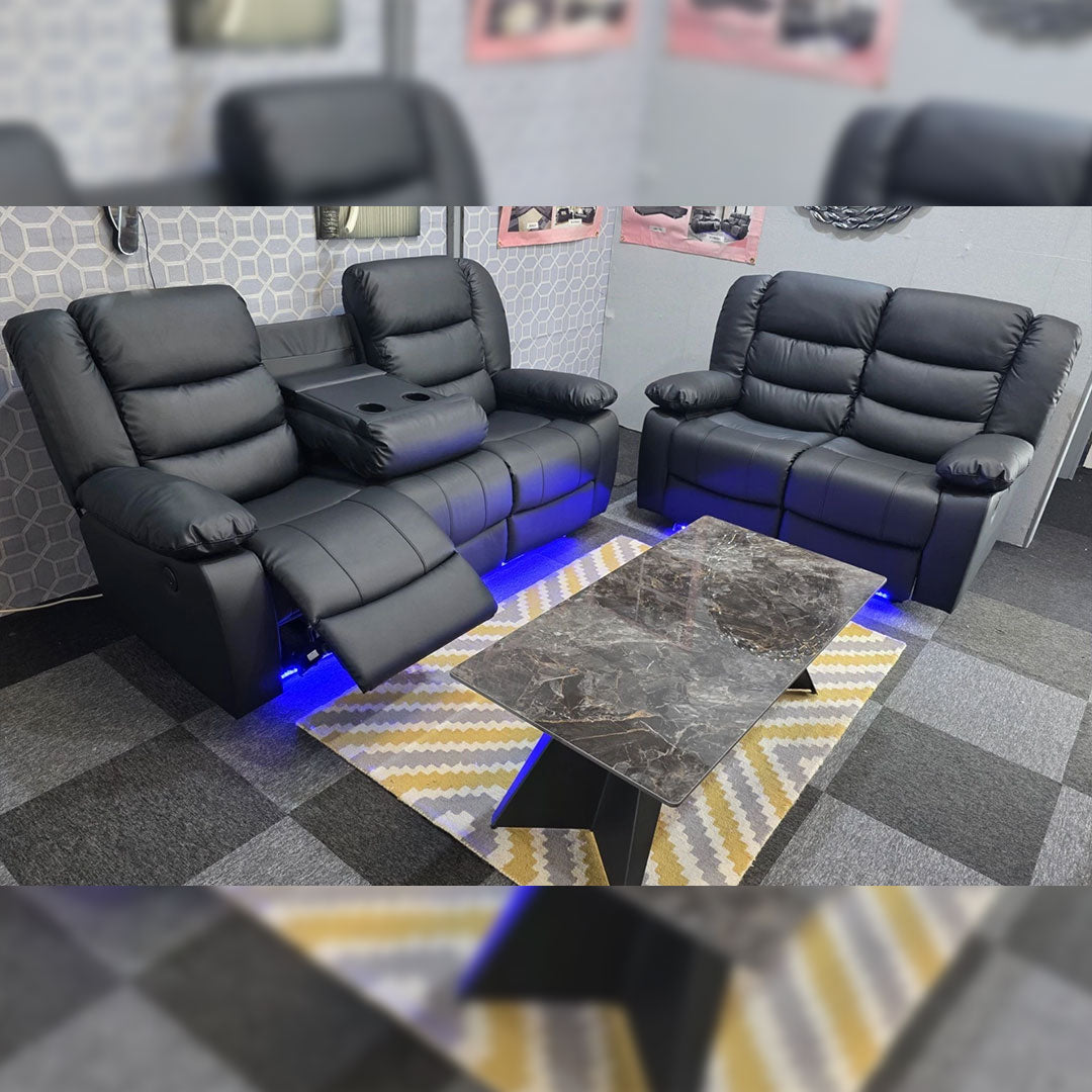 Ltd Roma leather electric recliner sofa set with cupholders, black and grey 3+2 seater arrangement.