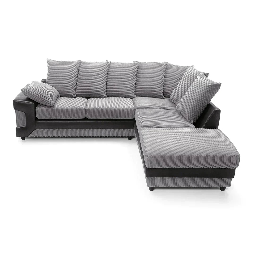 Large grey corner sofa LARGE-DINO-CORNER-SOFA-GREY-BLACK-LEFT-HAND-SIDE-FOAM. Fire resistant as per British Standards, foam filled seats for comfort.