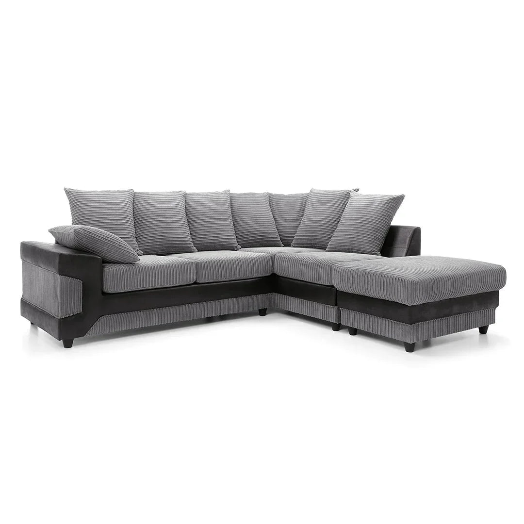 Large grey corner sofa LARGE-DINO-CORNER-SOFA-GREY-BLACK-LEFT-HAND-SIDE-FOAM. Fire resistant as per British Standards, foam filled seats for comfort.
