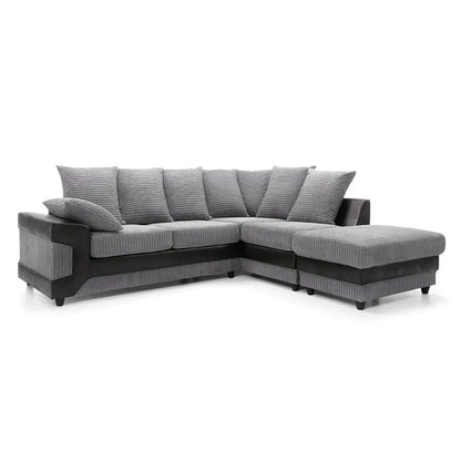 Large grey corner sofa LARGE-DINO-CORNER-SOFA-GREY-BLACK-LEFT-HAND-SIDE-FOAM. Fire resistant as per British Standards, foam filled seats for comfort.