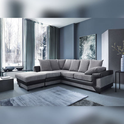 Large grey corner sofa LARGE-DINO-CORNER-SOFA-GREY-BLACK-LEFT-HAND-SIDE-FOAM. Fire resistant as per British Standards, foam filled seats for comfort.