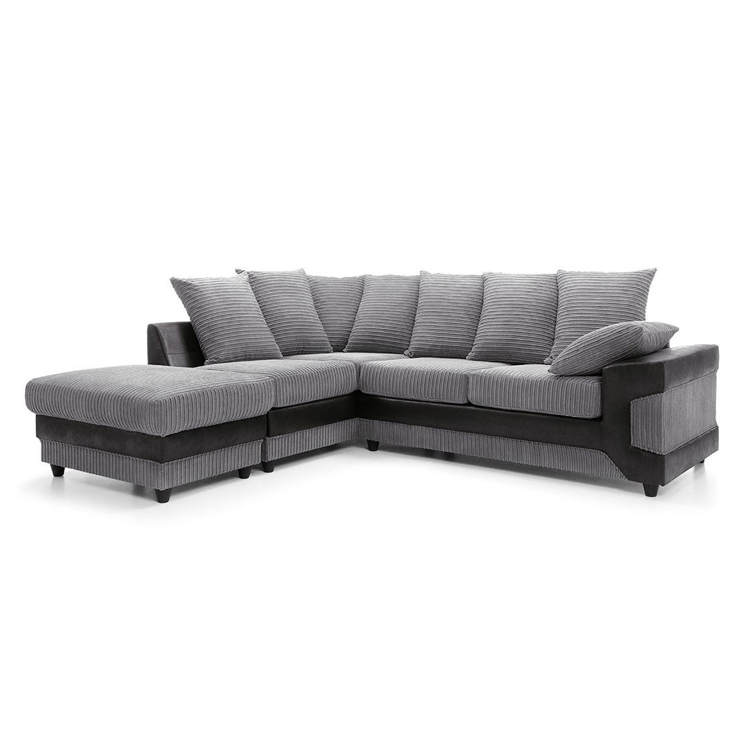 Large grey corner sofa LARGE-DINO-CORNER-SOFA-GREY-BLACK-LEFT-HAND-SIDE-FOAM. Fire resistant as per British Standards, foam filled seats for comfort.