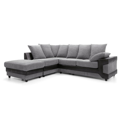 Large grey corner sofa LARGE-DINO-CORNER-SOFA-GREY-BLACK-LEFT-HAND-SIDE-FOAM. Fire resistant as per British Standards, foam filled seats for comfort.