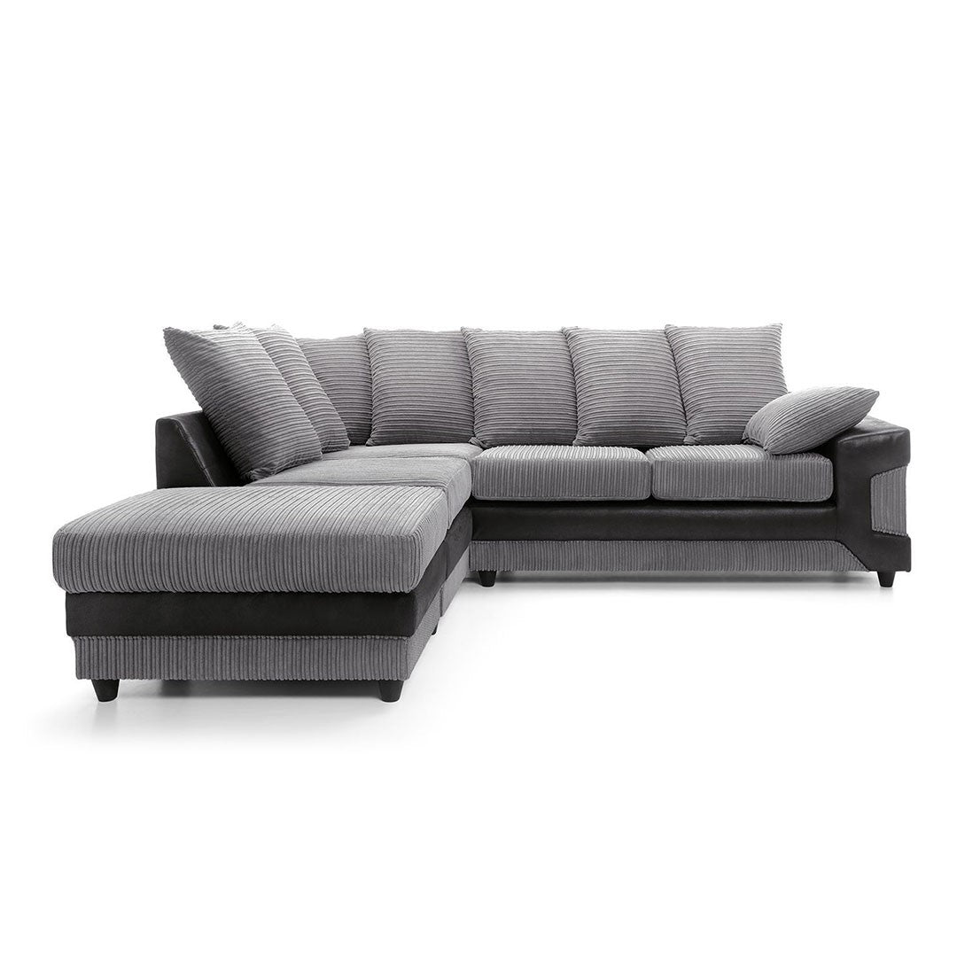Large grey corner sofa LARGE-DINO-CORNER-SOFA-GREY-BLACK-LEFT-HAND-SIDE-FOAM. Fire resistant as per British Standards, foam filled seats for comfort.