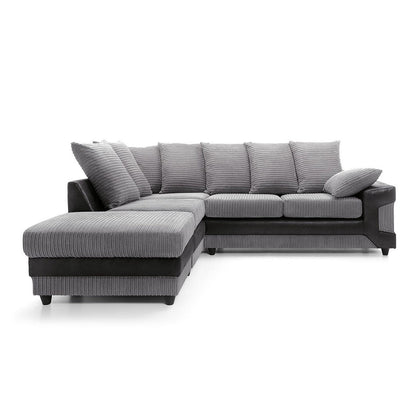 Large grey corner sofa LARGE-DINO-CORNER-SOFA-GREY-BLACK-LEFT-HAND-SIDE-FOAM. Fire resistant as per British Standards, foam filled seats for comfort.