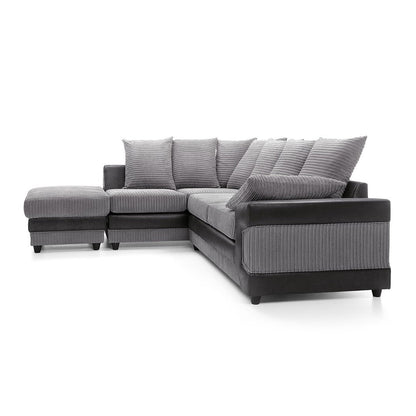 Large grey corner sofa LARGE-DINO-CORNER-SOFA-GREY-BLACK-LEFT-HAND-SIDE-FOAM. Fire resistant as per British Standards, foam filled seats for comfort.