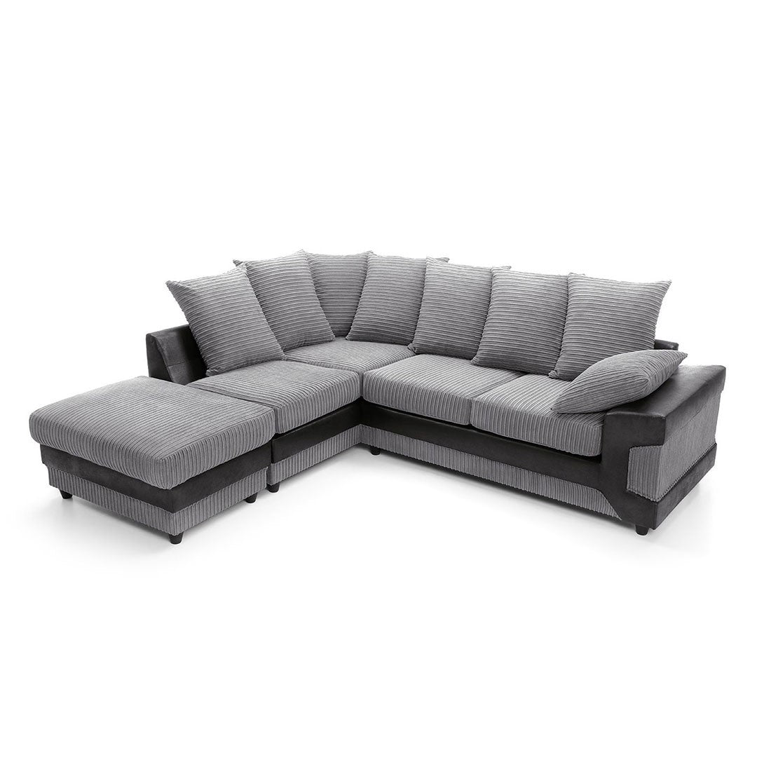 Large grey corner sofa LARGE-DINO-CORNER-SOFA-GREY-BLACK-LEFT-HAND-SIDE-FOAM. Fire resistant as per British Standards, foam filled seats for comfort.