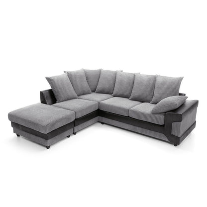 Large grey corner sofa LARGE-DINO-CORNER-SOFA-GREY-BLACK-LEFT-HAND-SIDE-FOAM. Fire resistant as per British Standards, foam filled seats for comfort.