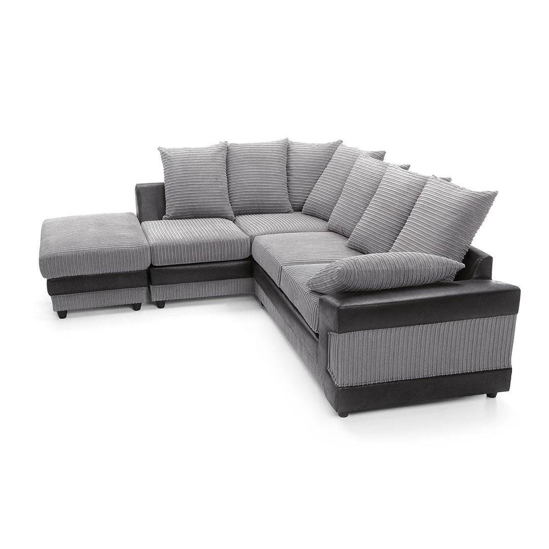 Large grey corner sofa LARGE-DINO-CORNER-SOFA-GREY-BLACK-LEFT-HAND-SIDE-FOAM. Fire resistant as per British Standards, foam filled seats for comfort.
