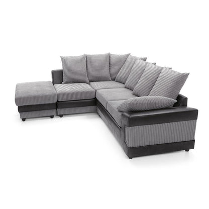 Large grey corner sofa LARGE-DINO-CORNER-SOFA-GREY-BLACK-LEFT-HAND-SIDE-FOAM. Fire resistant as per British Standards, foam filled seats for comfort.