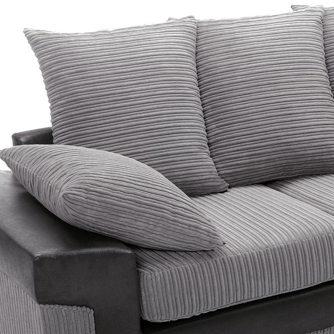 Large grey corner sofa LARGE-DINO-CORNER-SOFA-GREY-BLACK-LEFT-HAND-SIDE-FOAM. Fire resistant as per British Standards, foam filled seats for comfort.