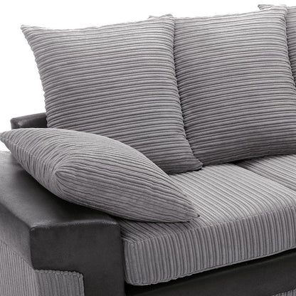 Large grey corner sofa LARGE-DINO-CORNER-SOFA-GREY-BLACK-LEFT-HAND-SIDE-FOAM. Fire resistant as per British Standards, foam filled seats for comfort.