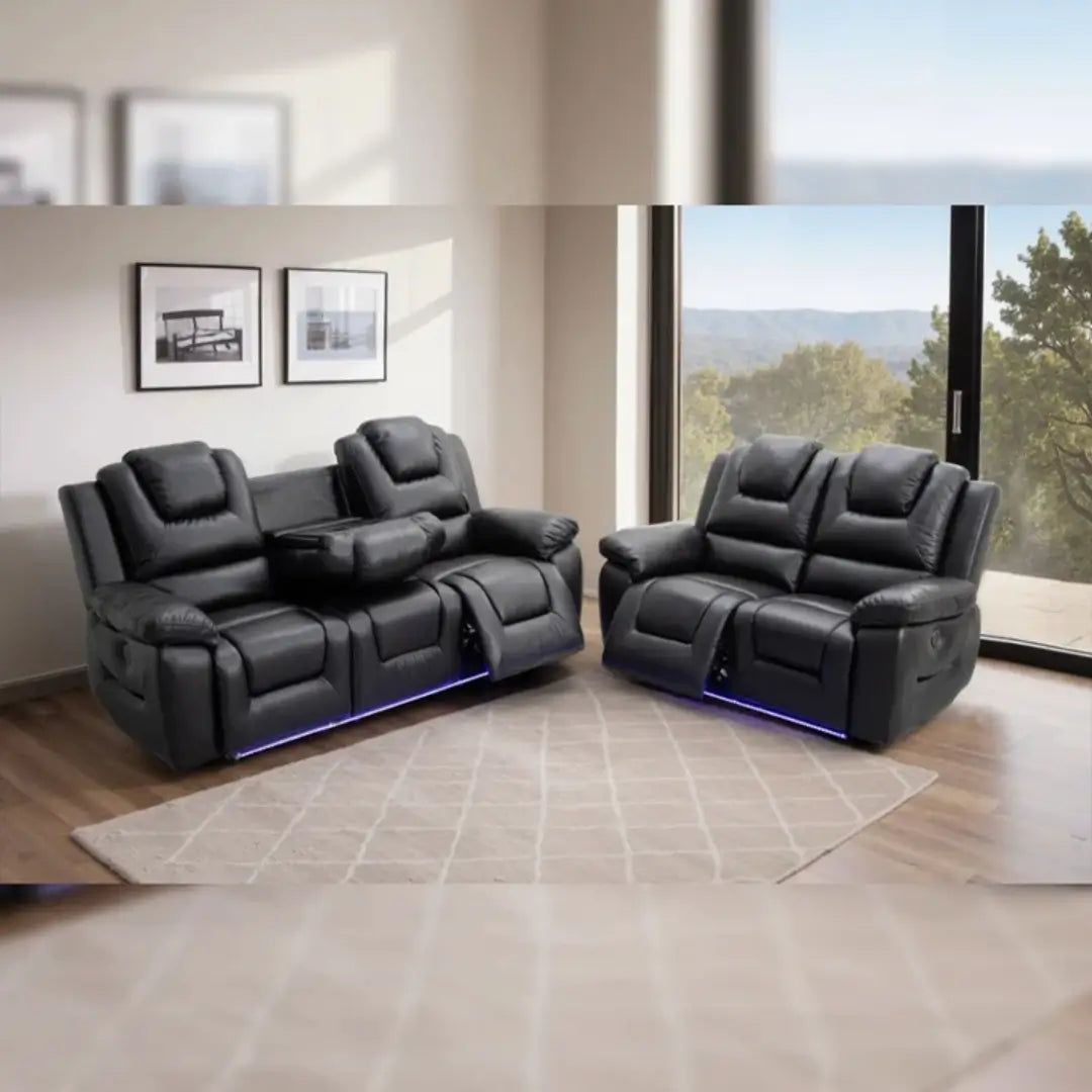 Oxford Leather Electric Recliner Sofa 3+2 Seater with Cup Holders , USB Charging Ports, LED Lights