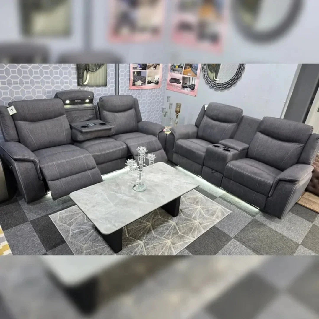 Pradaa Fabric Electric Recliner Sofa Set With Cupholders – 3+2 Seater Sofa Set – LED Lights – Bluetooth Speakers – Cooling cupholders – USB and Type-C charging ports (3+2 Seater) | Electric Recliners