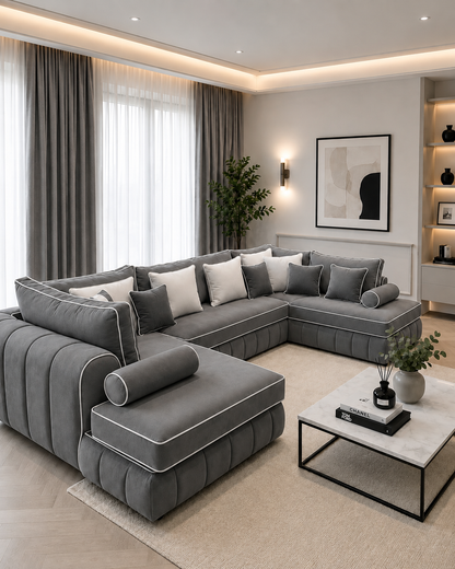 Lilly U-Shape Sofa with PremiumHandcrafted Piping | Luxury Fabric Corner Sofa UK
