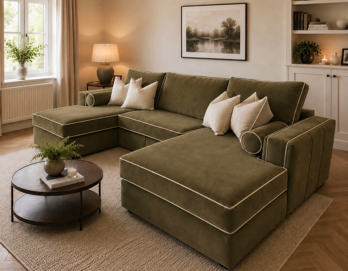 Lilly U-Shape Sofa with PremiumHandcrafted Piping | Luxury Fabric Corner Sofa UK