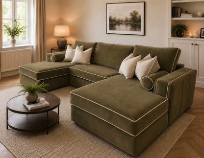 Lilly U-Shape Sofa with PremiumHandcrafted Piping | Luxury Fabric Corner Sofa UK