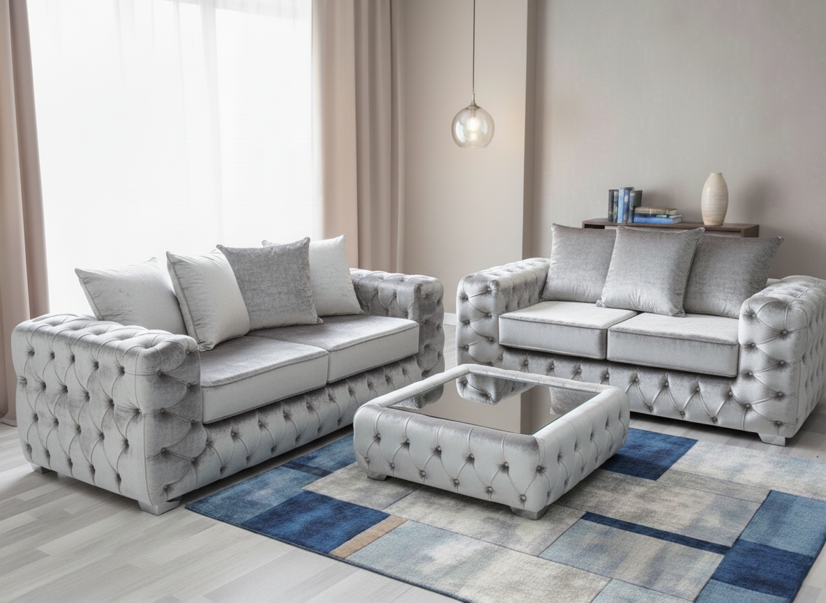 Ashton Chesterfield 3+2 Seater Sofa Set – Luxury Velvet Sofa Suite in Cream, Navy, Silver & Mink