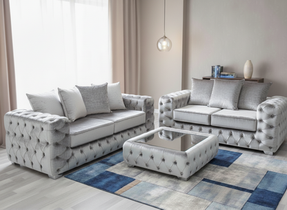 Ashton Chesterfield 3+2 Seater Sofa Set – Luxury Velvet Sofa Suite in Cream, Navy, Silver & Mink