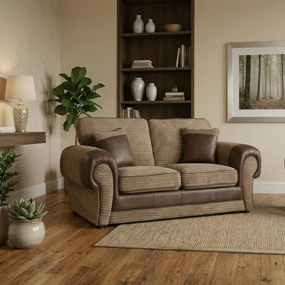 Tango 3+2 Seater Sofa Set – Jumbo Cord Fabric with Leather Detail Grey & Brown