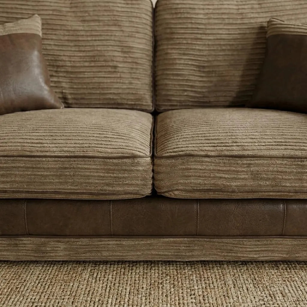 Tango 3+2 Seater Sofa Set – Jumbo Cord Fabric with Leather Detail Grey & Brown