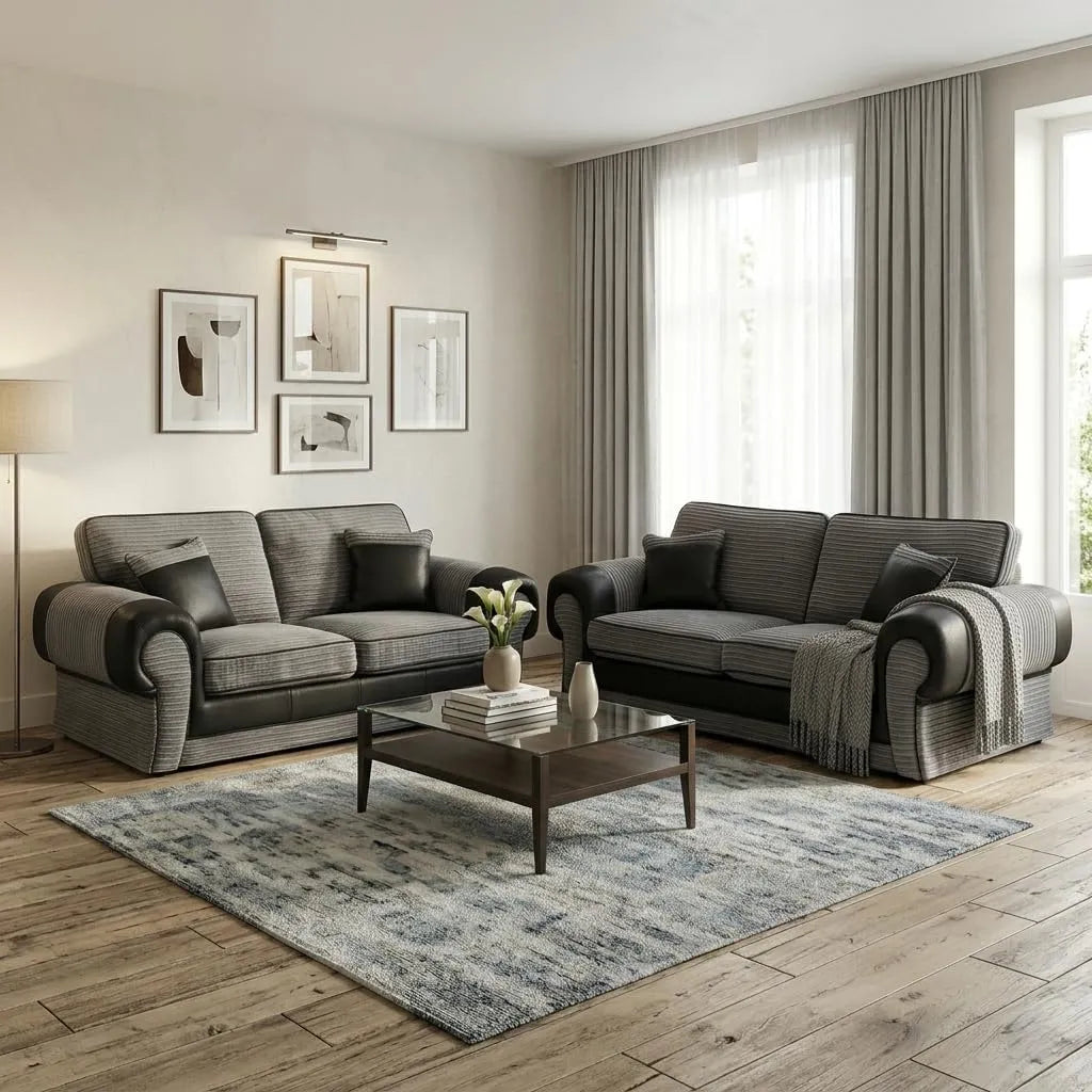 Tango 3+2 Seater Sofa Set – Jumbo Cord Fabric with Leather Detail Grey & Brown