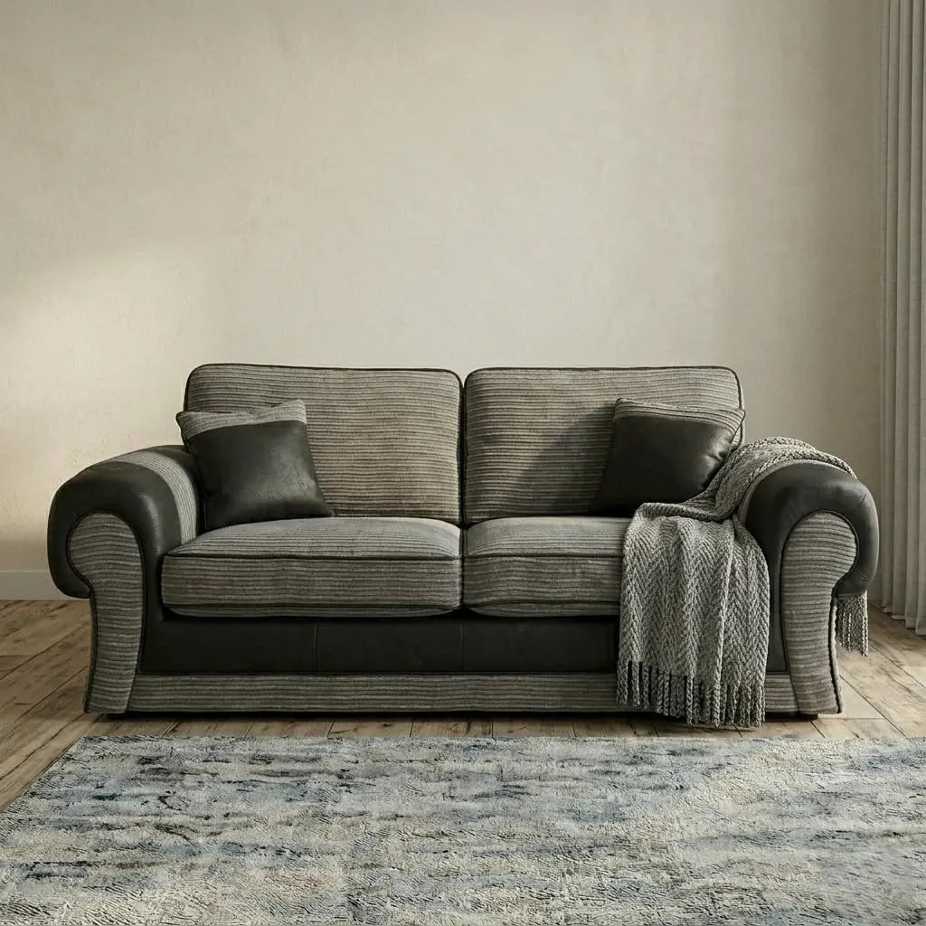 Tango 3+2 Seater Sofa Set – Jumbo Cord Fabric with Leather Detail Grey & Brown