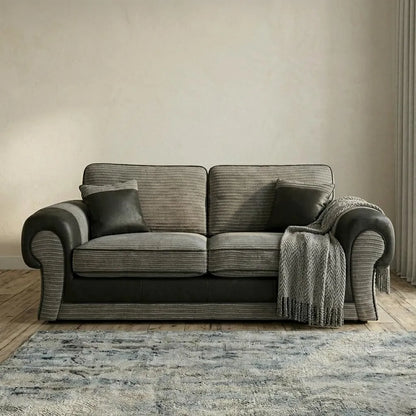 Tango 3+2 Seater Sofa Set – Jumbo Cord Fabric with Leather Detail Grey & Brown